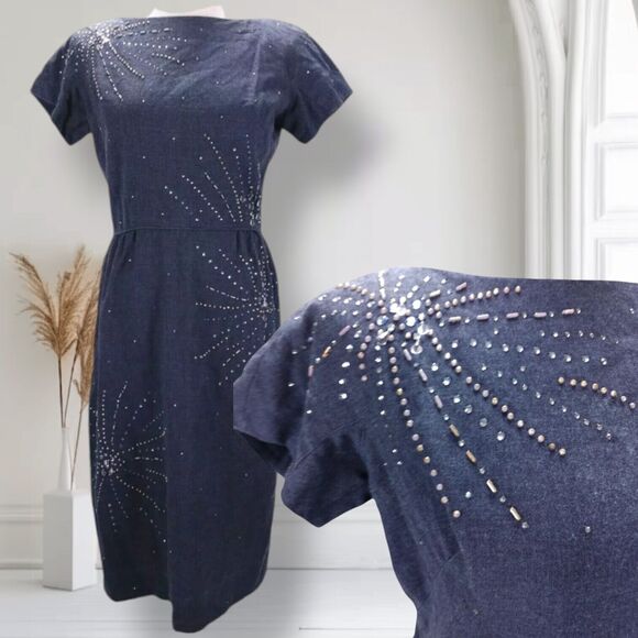 Vintage 50s 60s Beaded Fitted Cocktail Sheath Dress Size 6 Chambray Boat Neck - Picture 1 of 13